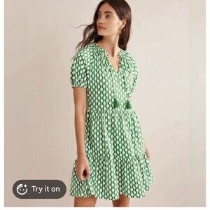 Boden Geometric Jersey Tassel Tie Puff Sleeve Mini Dress Green Women's Size 4